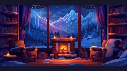 A night chalet interior with fireplace. Cartoon illustration of dark living room, vintage armchairs and couch near fire, books on shelf, winter mountain view in window, garland on wooden stairs. - obrazy, fototapety, plakaty