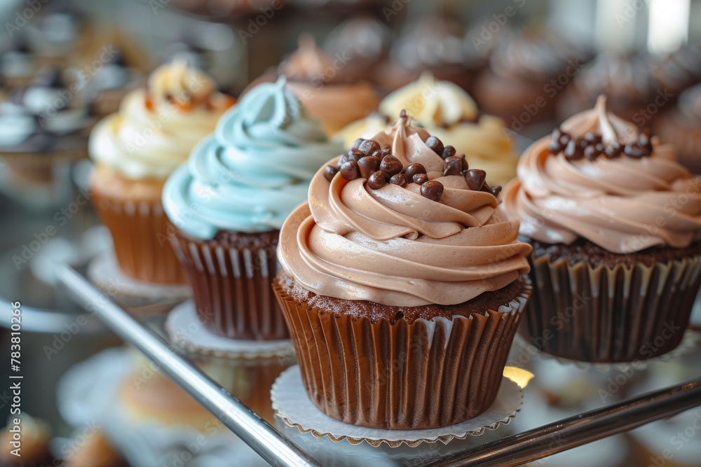 Poster an array of colorful cupcakes with different icings and toppings lined up on a display in a bakery