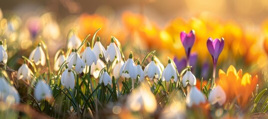 Colorful crocuses and snowdrops blooming in the garden, with a blurred background. Spring flowers. Beautiful nature scene with space for text or design. Close up of spring flowers on a sunny day. 