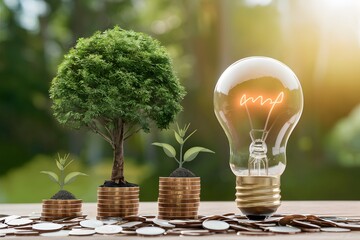 StockPhoto Tree growing on coins and light bulb, saving money with energy generation