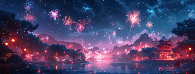 Holiday event with music festival in city park at night. Dark urban public garden landscape with fireworks over stage for concert. Cartoon vector illustration of scene for outdoor entertainment - obrazy, fototapety, plakaty