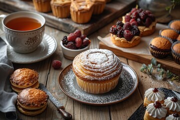 A rustic tea time setup with hot tea and a variety of pastries topped with fresh berries on a wooden table