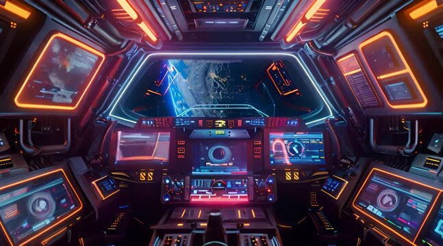 Spaceship cockpit with holographic displays, neon lights, front angle, futuristic study