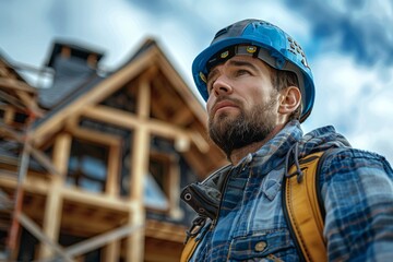 A construction worker in a helmet looks on seriously at a residential building under construction - obrazy, fototapety, plakaty