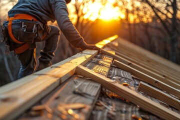 An action shot of a construction worker in safety gear working on a roof at sunset