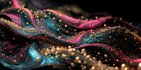 Abstrakter futuristischer Hintergrund in bunten irisierenden leuchtenden Neon Farben und Chrom f&uuml;r Webdesign und Druckvorlage