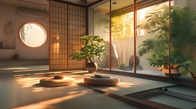 Zen garden study area, soft morning haze, eye level, peaceful reading