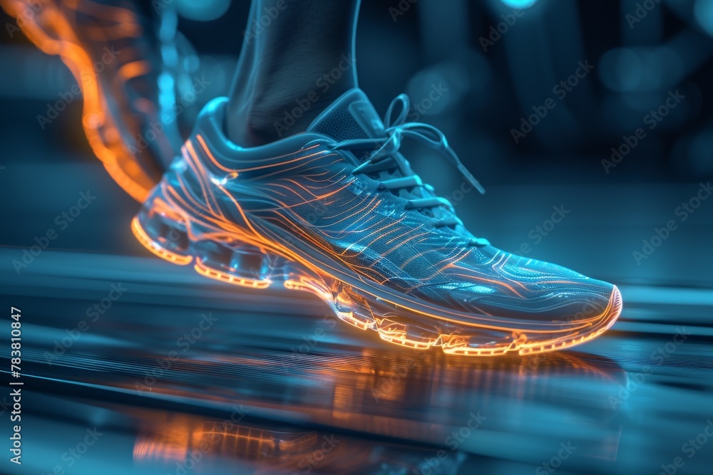 Poster a sneaker with a futuristic glowing pattern in a sci-fi themed setting