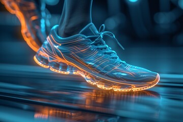 A sneaker with a futuristic glowing pattern in a sci-fi themed setting