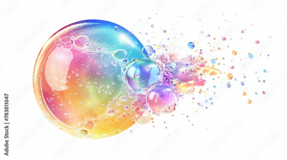 Poster modern illustration of bursting soap bubbles in rainbow colors with reflections and highlights defor