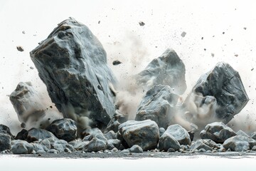 Spectacular imagery of rocks shattering in an explosion, showcasing motion and power in a split second