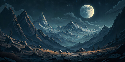 Naklejka na ściany i meble A serene night scene with a full moon illuminating a mountainous landscape, featuring jagged peaks and rocky terrain.
