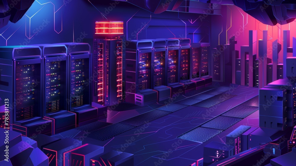 Poster modern illustration of a date center in an isometric format. a server room with racks, a virtual sup