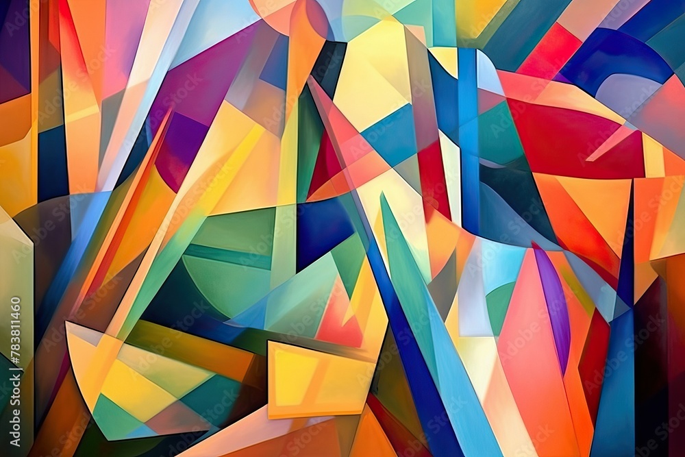 Aufkleber an abstract painting featuring vibrant colors, geometric shapes, and dynamic lines, creating a visua