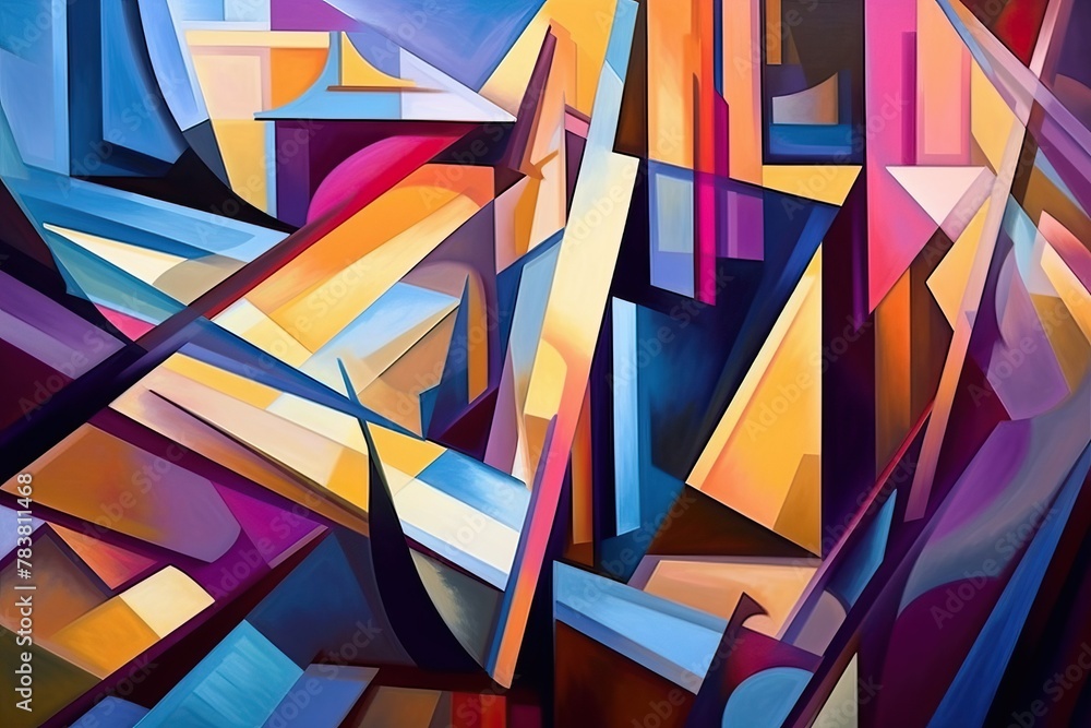 Poster an abstract painting depicting a modern cityscape with bold colors and dynamic shapes. generative ai