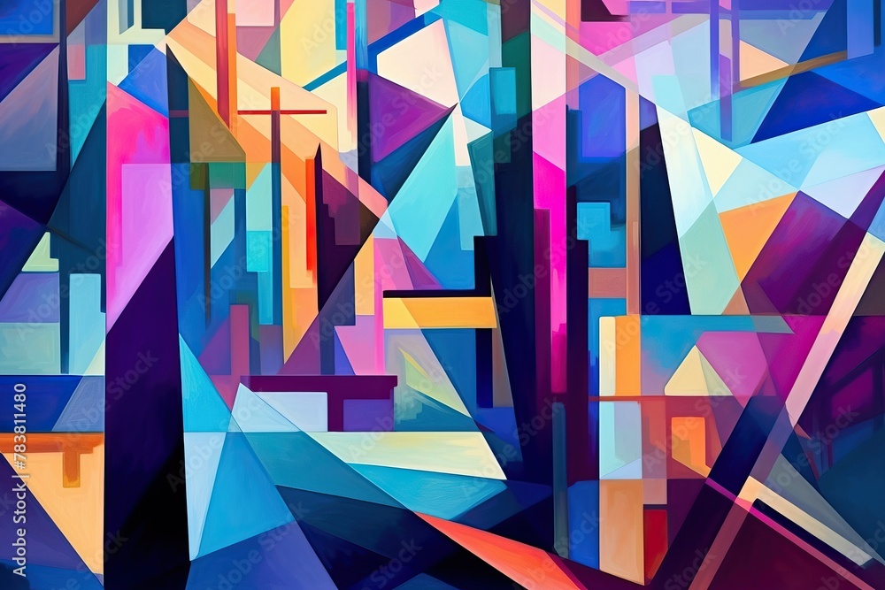 Poster this abstract painting features a dynamic composition of colorful shapes and lines blending together