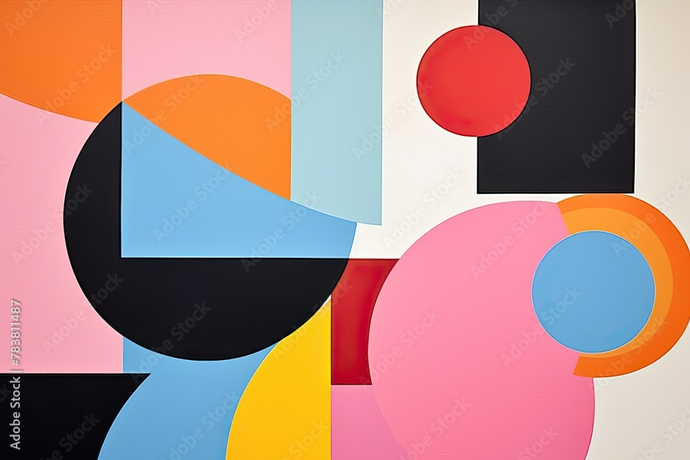 Poster an abstract painting featuring a dynamic array of colors and geometric shapes, creating a visually s