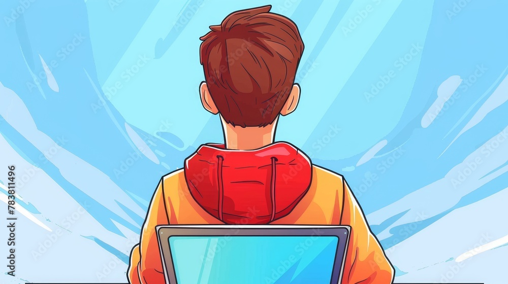 Poster the back view of a boy on a laptop with a shiny blue screen is shown in this modern cartoon illustra