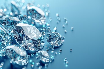 Cluster of stunning diamonds spread on a blue surface with reflections creating a radiant effect