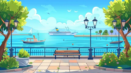 Cruise ship and powerboat in the ocean, cartoon quay with benches and vintage fence. Modern seascape with empty promenade, decorative trees, street lamps and gulls. - obrazy, fototapety, plakaty