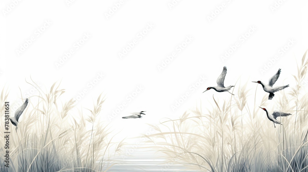 Poster a group of birds soaring over a river, creating a captivating sight as they traverse the open sky. g