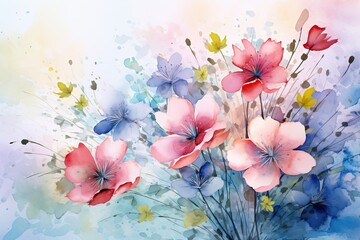 A watercolor painting featuring beautiful pink and blue flowers. Generative AI