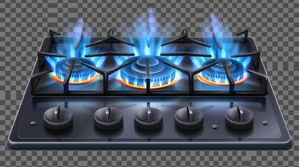 Intense blue flame on a black steel grate in a kitchen stove. Modern realistic set of propane butane burning in an oven isolated on transparent background. - obrazy, fototapety, plakaty