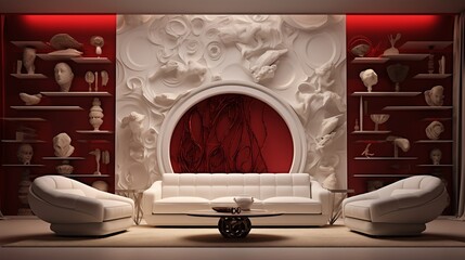 Artistic sculptures and decorative pieces adorning the shelves against the backdrop of the captivating 3D ruby wall, framing the elegant white sofa.