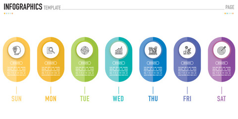 Rectangular and oval paper origami timeline weekly infographic template or element with 7 day, step, process, option, colorful rectangle, bar, column, arrow, round edge