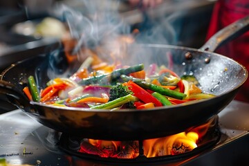 Steam rises from a wok full of stir-fried vegetables. Bright green beans, red bell peppers, and sesame seeds blend to create a vibrant, healthy meal that's both appetizing and colorful. AI Generation