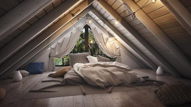 Attic bedroom interior with beautiful view on trees, large pillows, light bulbs on a cord hanging from the ceiling. 3D render.