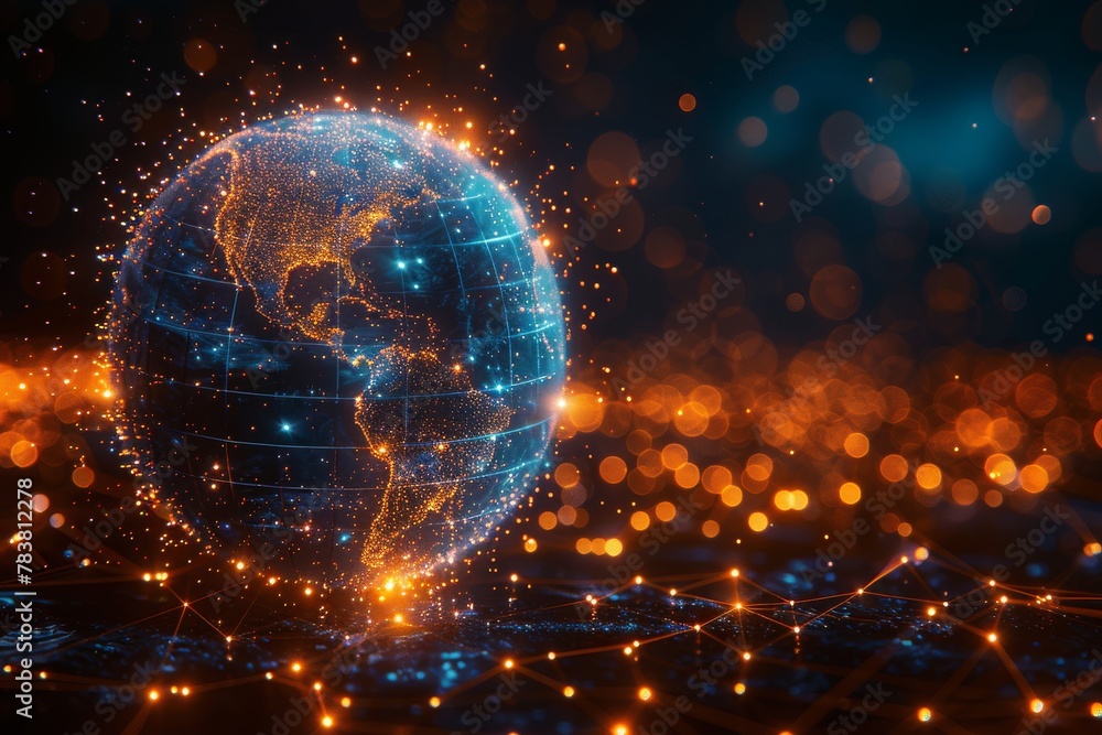 Poster this digital globe is highlighted by network connections and a golden glow to symbolize interconnect