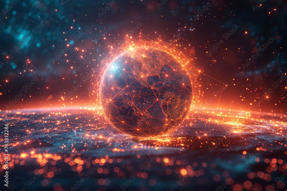 Poster a dynamic visualization of a global network grid with fiery tones, emphasizing digital connectivity