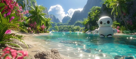 Lush Tropical Lagoon with Playful Robotic Companion in a Breathtaking Paradise Landscape