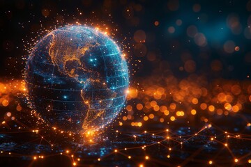 This digital globe is highlighted by network connections and a golden glow to symbolize interconnectedness