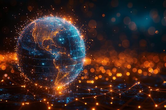 This digital globe is highlighted by network connections and a golden glow to symbolize interconnectedness