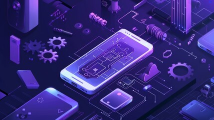 An isometric web banner the repair service delivers, showing a disassembled mobile phone in 3D modern line art, a smashed smartphone with gears and a microcircuit, and a broken touchscreen of an