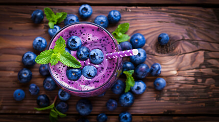 Blueberry smoothie in glass on wooden background