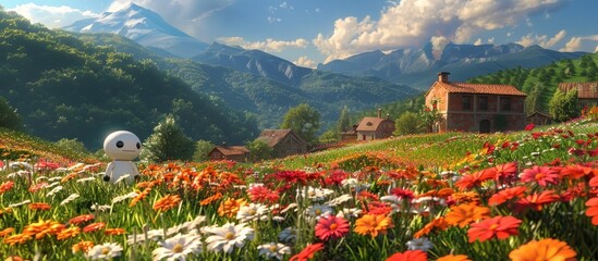 Idyllic Countryside Landscape with Rustic Farmhouses Flower Filled Meadows and Dramatic Mountain Vistas - obrazy, fototapety, plakaty