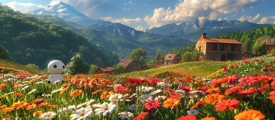Fotobehang Idyllic Countryside Landscape with Rustic Farmhouses Flower Filled Meadows and Dramatic Mountain Vistas © Sittichok
