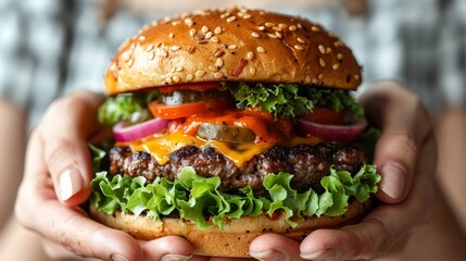   A person holds a hamburger topped with lettuce, tomato, onion, cheese, and more lettuce