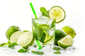 Glistening mint mojito cocktail with vibrant lime slices and straw isolated on a white background evoking refreshing summer sensations