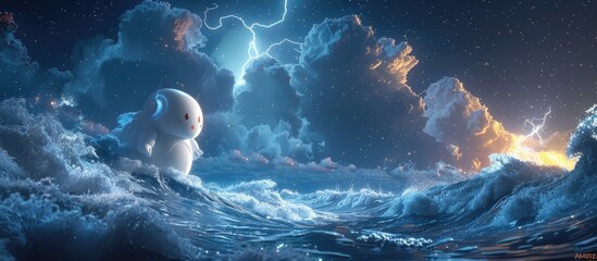Dramatic Storm at Sea with Towering Waves and Illuminating Lightning in the Night Sky - obrazy, fototapety, plakaty