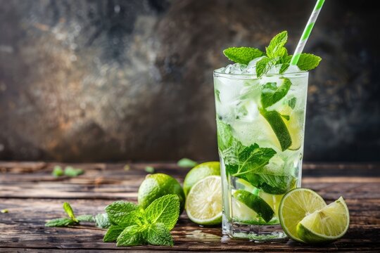 Bright icy mint mojito cocktail on a rustic wooden table with sliced lime sprigs of fresh mint and a straw perfect for a summer patio party backdrop