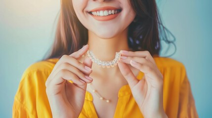 Close-up of orthodontic silicone transparent teeth aligner in female hands. A woman holds in her hand removable invisible transparent aligners, and smiles - obrazy, fototapety, plakaty