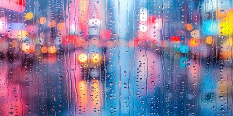 Captivating Mosaic of Neon Reflected Raindrops on a Window Capturing the Essence of Urban Nightscape
