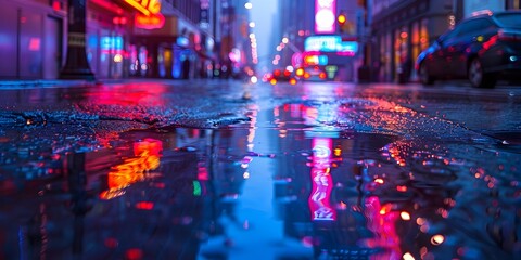 Obraz premium The Surreal Reflection of Neon Lights on a Puddle Transforming a Simple Street into a Captivating Cityscape Canvas