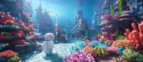Vibrant Underwater Metropolis Teeming with Diverse Marine Life and Robotic Creature - obrazy, fototapety, plakaty