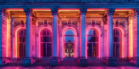 Illuminated Neo Classical Facade with Mesmerizing Neon Glow in an Urban Night Setting