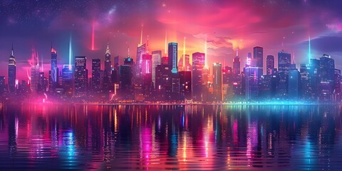 Fototapeta na wymiar Mesmerizing Neon Lit Cityscape A Vertical Dance of Light Color and Ambition